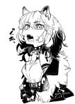  1girl animal_ears arknights breasts cleavage fangs fur-trimmed_jacket fur_trim greyscale hair_between_eyes hair_ornament highres jacket long_hair looking_at_viewer lunacub_(arknights) monochrome official_art shirt simple_background sketch smile solo teeth twitter_username upper_body white_background wolf_ears wolf_girl yom_(ymayma00ss) 