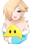  1girl aqua_dress bare_shoulders blonde_hair blue_eyes brooch dress happy highres jewelry long_hair luma_(mario) mario_(series) open_mouth rosalina simple_background smile super_mario_galaxy tomatomiya white_background 