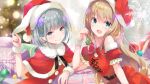  2girls bare_shoulders belt blonde_hair blush closed_mouth fran_(idoly_pride) green_eyes green_hair grey_eyes hat highres holding idoly_pride kana_(idoly_pride) leaning_on_object long_hair looking_at_viewer multiple_girls official_art open_mouth ribbon santa_costume santa_hat scarf short_hair sidelocks sleeveless 