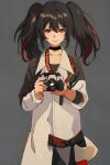  1girl black_choker black_hair black_shirt camera choker grey_background hair_between_eyes highres holding holding_camera long_sleeves looking_at_viewer lucia:_dawn_(holiday_of_eden)_(punishing:_gray_raven) lucia_(punishing:_gray_raven) multicolored_hair punishing:_gray_raven red_eyes red_hair shirt sidelocks solo streaked_hair wanlai_bu_shiman white_shirt 