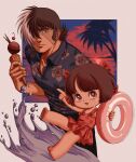  1boy 1girl adam&#039;s_apple barefoot black_hair black_jack_(character) black_jack_(series) border bow brown_eyes brown_hair cherry closed_mouth food fruit grey_border hair_over_one_eye hawaiian_shirt highres holding holding_ice_cream_cone holding_innertube ice_cream ice_cream_cone index_finger_raised innertube multicolored_hair oldkin one-piece_swimsuit open_mouth palm_tree pink_bow pink_one-piece_swimsuit pinoko pocky polka_dot polka_dot_swimsuit shirt short_hair single_scoop split-color_hair star_(symbol) star_in_eye sunset sweatdrop swimsuit symbol_in_eye tree waffle_cone white_hair 