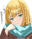  1girl blonde_hair braid furrowed_brow green_eyes highres holding holding_clothes holding_scarf ichinose_rei idoly_pride kisaragi_su_mo long_hair long_sleeves looking_at_viewer open_mouth scarf simple_background single_braid solo 