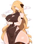  1girl black_wristband blonde_hair blush breasts chinese_clothes closed_mouth cynthia_(pokemon) grey_eyes hair_ornament hair_over_one_eye highres large_breasts long_hair looking_at_viewer mature_female pokemon pokemon_dppt smile solo usa37107692 