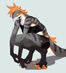 anthro bebebebebe biped clothed clothing crouching female fur grey_background grey_body hi_res looking_at_viewer orange_body orange_fur reptile scalie simple_background solo tongue tongue_out