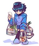  1boy bag black_hair black_thighhighs blue_eyes blue_hoodie blue_shorts closed_mouth expressionless full_body highres holding holding_paper hood hoodie humanoid_robot laser-lance long_sleeves mega_man_(character) mega_man_(classic) mega_man_(series) paper robot shopping_bag short_hair shorts simple_background solo thighhighs white_background 