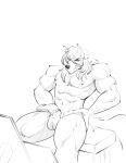 abs alexzandr_sokolov anthro balls biceps broad_shoulders canid canine canis clenched_teeth crotch_tuft eyebrows flaccid flexing genitals hair hands_on_hips hi_res long_hair male mammal mikeknight19 muscular muscular_thighs nipples nude pecs penis sitting sketch solo teeth tuft wolf
