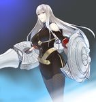  bare_shoulders breasts ginka_sima gloves lance large_breasts long_hair pantyhose polearm red_eyes selvaria_bles senjou_no_valkyria shield silver_hair solo weapon 