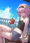  1girl black_hairband crop_top denim denim_shorts eyeball hair_ornament hairband heart heart_hair_ornament highres komeiji_satori messy_hair midriff pink_eyes pink_hair short_hair shorts solo stop_thinkingaa touhou 