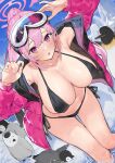  1girl :o absurdres animal bikini bird black_bikini blue_archive blush breasts collarbone commentary_request down_jacket eimi_(blue_archive) eimi_(swimsuit)_(blue_archive) glacier goggles goggles_on_head halo highres ice jacket large_breasts long_hair looking_at_viewer navel official_alternate_costume open_clothes open_jacket padded_jacket partially_submerged penguin pink_eyes pink_hair pink_halo pink_jacket ponytail side-tie_bikini_bottom sidelocks ski_goggles solo swimsuit water yakihoko 