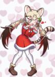  1girl animal_ears boots cat_ears cat_girl cat_tail dress equalarrow extra_ears full_body geoffroy&#039;s_cat_(kemono_friends) green_eyes grey_hair heart highres kemono_friends kemono_friends_v_project long_hair looking_at_viewer one_eye_closed pantyhose ribbon santa_costume santa_dress simple_background solo tail twintails virtual_youtuber 