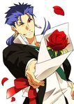  earrings fate/stay_night fate_(series) flower formal jewelry kon_manatsu lancer long_hair male_focus necktie ponytail red_eyes red_flower red_rose rose solo suit 