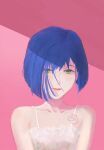  1girl absurdres artist_name asymmetrical_hair bare_shoulders blue_hair blunt_ends bob_cut close-up collarbone commentary darling_in_the_franxx dress dress_flower expressionless flower frilled_dress frills green_eyes hair_over_one_eye highres ichigo_(darling_in_the_franxx) looking_at_viewer messy_hair parted_lips pink_background pink_lips portrait shadow short_hair signature sleeveless sleeveless_dress solo spaghetti_strap sundress v_arms white_dress white_flower xilmo 