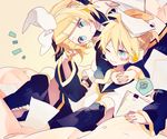  1girl 4_(nakajima4423) blonde_hair blue_eyes brother_and_sister fang hairband hands_clasped headphones kagamine_len kagamine_rin one_eye_closed open_mouth own_hands_together siblings vocaloid wavy_mouth wince 