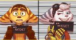 barbie_and_ken_mugshot_meme blue_eyes clothing duo ear_piercing ear_ring eyewear eyewear_on_head female fur gloves goggles goggles_on_head green_eyes handwear hi_res lombax luchosfactory male male/female mammal mugshot mugshotfront_view nervous piercing prison ratchet ratchet_and_clank ring_piercing rivet_(ratchet_and_clank) robotic_arm romantic romantic_couple scarf sign smile smiling_at_viewer sony_corporation sony_interactive_entertainment teeth white_body white_fur yellow_body yellow_fur