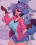 absurd_res anthro big_breasts blackdog624 blue_body blue_eyes blue_hair brand_new_animal breasts brown_body brown_fur canid canine claws clothed clothing female fur gloves_(marking) hair hi_res mammal markings michiru_kagemori raccoon_dog solo studio_trigger tail tanuki tongue tongue_out topwear