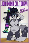 alfonzo_poopypants anthro big_breasts black_hair blue_eyes breasts canid canine canis chest_tuft clothing english_text female front_view fur genitals gesture hair hat hat_only headgear headgear_only headwear headwear_only hi_res kneeling lilith_(lilith58415119) looking_at_viewer mammal mostly_nude multicolored_body multicolored_fur navel nipples pawpads propaganda propaganda_poster pussy ranged_weapon rocket_launcher salute short_hair slightly_chubby smile solo spots spotted_body team_fortress_2 text tuft valve weapon wolf