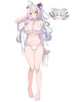  2girls absurdres animal_ear_fluff animal_ears antenna_hair azur_lane bikini black_ribbon blush_stickers breasts chibi chibi_inset cleavage closed_eyes closed_mouth cosplay feet_out_of_frame grey_hair groin hair_ribbon hand_up highres jacket large_breasts long_hair long_sleeves looking_at_viewer moyoron multicolored_hair multiple_girls navel official_alternate_costume parted_bangs prinz_eugen_(azur_lane) red_hair ribbon shinano_(azur_lane) shinano_(azur_lane)_(cosplay) shinano_(dreamy_white_sands)_(azur_lane) sideboob simple_background sleeping sleeves_past_wrists smile standing stomach streaked_hair swimsuit tail thigh_gap two_side_up underboob very_long_hair white_background white_bikini white_jacket wide_sleeves zzz 