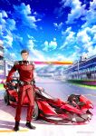  1boy autopolis bodysuit car fujima_takuya full_body helmet highspeed_etoile holding holding_helmet key_visual looking_at_viewer lorenzo_m._salvatore male_focus motor_vehicle official_art promotional_art race_vehicle racecar racing_suit real_world_location red_bodysuit solo twitter_username 