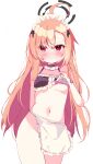  1girl absurdres alternate_hair_length alternate_hairstyle apron bikini black_bikini black_halo blue_archive blush breasts closed_mouth expressionless frilled_apron frills fujiwarahatsune groin halo hand_up highres long_hair looking_at_viewer maid_headdress navel neru_(blue_archive) orange_hair red_eyes simple_background small_breasts solo sweatdrop swept_bangs swimsuit thighs v-shaped_eyebrows white_apron white_background 