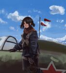  1girl aircraft airplane androgynous black_hair blue_jacket blue_sky blush career_mammoth chest_harness cloud cloudy_sky cockpit flag flagpole fur_collar glass_cockpit gloves grey_eyes harness hearts_of_iron highres jacket messy_hair military_vehicle oil_painting_(medium) open_cockpit painting_(medium) pilot pilot_uniform red_flag red_star short_hair sky solo soviet soviet_air_force star_(symbol) traditional_media 