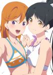  2girls bikini black_hair breasts collarbone hazuki_ren highres interlocked_fingers large_breasts long_hair looking_at_viewer love_live! love_live!_superstar!! multiple_girls nagi_mkrnpn open_mouth orange_bikini orange_hair ponytail purple_eyes shibuya_kanon simple_background smile swimsuit upper_body white_background white_bikini yellow_eyes 