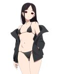  1girl absurdres bikini black_bikini black_hair black_jacket breasts closed_mouth coro_fae cowboy_shot hair_down hand_in_pocket highres jacket kaguya-sama_wa_kokurasetai_~tensai-tachi_no_renai_zunousen~ long_hair looking_at_viewer navel off_shoulder open_clothes open_jacket parted_bangs red_eyes shinomiya_kaguya simple_background small_breasts solo stomach straight_hair swimsuit thighs white_background 