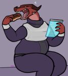 2023 3_fingers alpine_(ncs) anthro belly bodysuit clothed clothing dessert doughnut dragon ear_piercing ear_ring female fingers food grey_background hi_res holding_doughnut holding_food holding_object holographic_screen horn ncs open_mouth overweight overweight_anthro overweight_female piercing ring_piercing scales scalie scraper_city simple_background sitting skinsuit tight_clothing tongue wingless_dragon