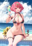  1girl absurdres artist_name bead_bracelet beads bikini black_bikini blue_sky bracelet breasts chest_jewel cloud commentary_request cup day drink drinking_glass earrings flower headpiece highres holding holding_cup jewelry ken-san large_breasts looking_at_viewer navel ocean open_mouth outdoors pool pyra_(xenoblade) red_eyes red_hair short_hair sitting sky smile solo sunflower swimsuit thigh_strap thighs water wet xenoblade_chronicles_(series) xenoblade_chronicles_2 yellow_flower 