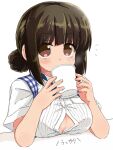  1girl breast_rest breasts brown_eyes brown_hair bursting_breasts button_gap commentary_request cup disposable_cup drinking hair_bun holding holding_cup kobeya kobeya_uniform large_breasts naitou_kouse original single_hair_bun solo steam translation_request upper_body 