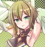  1girl animal_ears armpits arms_up bell breasts brown_hair detached_sleeves duel_monster fox_ears green_eyes green_hair hu-li_the_jewel_mikanko multicolored_hair neck_bell parted_lips rope_around_neck solo streaked_hair upper_body usuba_kagerou_(shougyouchu) wide_sleeves yu-gi-oh! 