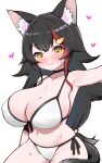  1girl animal_ears armpits bikini black_hair blush breasts brown_eyes commentary_request front-tie_bikini_top front-tie_top hair_ornament heart highres hololive huge_breasts kani_bonara long_hair looking_at_viewer multicolored_hair navel ookami_mio red_hair side-tie_bikini_bottom simple_background skindentation smile solo strap_gap streaked_hair swimsuit tail virtual_youtuber white_background white_bikini wolf_ears wolf_girl wolf_tail 