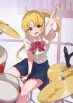  1girl :d absurdres ahoge arm_up armpits between_legs blonde_hair blue_skirt bocchi_the_rock! bow bowtie chain-link_fence commentary cymbals drum drum_set drumsticks fence hand_between_legs highres holding holding_drumsticks ijichi_nijika instrument light_particles looking_at_viewer microphone open_mouth orange_eyes polka_dot_bowtie red_bow red_bowtie school_uniform shimokitazawa_high_school_uniform shirt short_sleeves side_ponytail sidelocks sitting skirt smile solo sparkling_aura white_shirt yakousei_a 