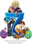  2boys blonde_hair brown_hair commentary copyright_name egg goggles goggles_on_head happy_anniversary holding holding_egg looking_at_viewer male_focus monster_hunter_(series) monster_hunter_stories mozuku_(mozukuojisan) multiple_boys one_eye_closed open_mouth reverto_(monster_hunter_stories) ryuuto_(monster_hunter_stories) smile twitter_username white_background 
