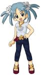  1girl :d absurdres arm_at_side belt blue_eyes blue_hair blue_pants capri_pants casual chain chain_necklace collarbone flat_chest full_body gold_chain hand_on_own_hip highres jewelry kasuga_(kasuga39) legs_apart light_blue_hair looking_at_viewer medium_hair necklace open_mouth pants puzzle_piece_hair_ornament red_belt red_footwear sandals shirt short_sleeves simple_background smile solo standing transparent_background twintails white_shirt wikipe-tan wikipedia 