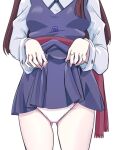  1girl ass_visible_through_thighs blue_skirt blue_vest brown_hair chadgarciaburg clothes_lift highres kagari_atsuko lifted_by_self little_witch_academia long_hair long_sleeves luna_nova_school_uniform panties pink_panties school_uniform shirt skirt skirt_lift solo underwear vest white_shirt witch 