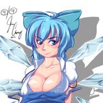  1girl 2012 ahoge alternate_breast_size blue_eyes blue_hair bow breasts cirno cleavage covered_nipples dated hair_bow highres ice ice_wings large_breasts off_shoulder older radlionheart short_hair signature smile solo touhou transparent_background wardrobe_malfunction wings 