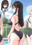  3girls absurdres ass bare_arms bare_shoulders black_one-piece_swimsuit blue_eyes blush breasts chain-link_fence day fence from_behind hair_between_eyes highres holding large_breasts long_hair looking_at_viewer multiple_girls nagi_aoi one-piece_swimsuit original outdoors pool school_uniform serafuku shirt short_hair swim_cap swimsuit thighs unworn_swim_cap white_hair white_shirt 
