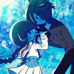  1girl black_gloves blue_background blue_eyes blue_ribbon braid bright_pupils brown_hair closed_mouth colored_skin couple from_side funamusea funamusea_(artist) gloves grey_hair happy height_difference highres interlocked_fingers looking_at_another no_headwear official_art oounabara_to_wadanohara open_mouth pants pointy_ears ribbon sailor_collar sailor_shirt samekichi_(wadanohara) shirt skirt suit wadanohara white_sailor_collar white_shirt white_skin white_skirt 
