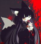  1girl animal_ear_fluff animal_ears artist_name black_hair blood blood_on_clothes blood_on_face blood_on_hands blood_on_mouth blood_splatter bright_pupils colored_skin commission earrings fang fox_ears fox_girl fox_tail funamusea_(artist) grey_background highres jewelry long_hair looking_at_viewer one_eye_closed orange_eyes original skeb_commission solo tail tongue tongue_out white_pupils white_skin 