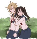  2girls :3 ahoge arm_hug blonde_hair blue_sailor_collar blue_skirt brown_hair clenched_hands closed_mouth collared_shirt h_kawa long_hair messy_hair midriff_peek multiple_girls neckerchief on_grass original red_neckerchief sailor_collar sailor_shirt school_uniform shirt simple_background single_blush_sticker sitting skirt smile twintails v v-shaped_eyebrows white_background white_shirt 