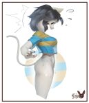 ajiikuo anthro bottomless clothed clothing crop_top female hi_res shirt side_view solo solo_focus surprised_expression temmie_(undertale) topwear translucent translucent_clothing undertale undertale_(series) wardrobe_malfunction wet wet_body wet_clothing