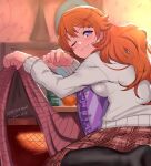  black_pantyhose cup cushion food from_behind fruit hair_ornament hairclip heater highres konoe_kanata kotatsu lifting_covers light_brown_hair long_hair looking_back love_live! love_live!_nijigasaki_high_school_idol_club mandarin_orange pantyhose plaid plaid_skirt purple_eyes red_skirt sitting skirt ssyunn sweater table tablecloth teacup wariza white_sweater 