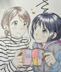  2girls age_difference black_hair blush brown_eyes brown_hair closed_mouth couple cup drinking highres looking_at_another mug multiple_girls original sato_(99yen_kin&#039;itsu) shirt short_hair smile striped striped_shirt toasting_(gesture) traditional_media turtleneck yuri 