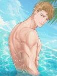  1boy absurdres blonde_hair blue_sky brown_eyes cloud cloudy_sky highres jujutsu_kaisen lips looking_at_viewer male_focus mayo_(myaoruki) muscular muscular_male nanami_kento outdoors palm_leaf short_hair sky solo standing topless_male upper_body wading water 