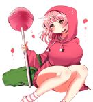  1girl blush brown_eyes candy commentary cookie_run dot_nose expressionless food food_print fruit highres hood hoodie humanization kimautomne lollipop looking_at_viewer personification pink_hair pink_hood pink_hoodie socks solo strawberry strawberry_cookie strawberry_print striped striped_socks 