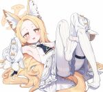  1girl animal_ear_fluff animal_ears armpits blonde_hair blue_archive blush commentary_request cruciform_halo detached_sleeves dress forehead fox_ears frilled_dress frills full_body hair_ornament halo highres leg_up long_hair looking_at_viewer lying on_back open_mouth pantyhose seia_(blue_archive) simple_background sleeveless sleeveless_dress sleeves_past_fingers sleeves_past_wrists solo striped striped_pantyhose thigh_strap vertical-striped_pantyhose vertical_stripes very_long_hair wagashi928 white_background white_dress white_pantyhose yellow_eyes yellow_halo 