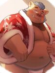 anthro asian_clothing belly blue_hair blush brown_body brown_fur bulge christmas christmas_clothing clothing east_asian_clothing fundoshi fur gouryou hair hi_res holidays japanese_clothing lifewonders looking_at_viewer male mammal metaporin navel overweight solo suid suina sus_(pig) tokyo_afterschool_summoners tusks underwear wild_boar