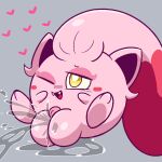 &lt;3 ancient_pokemon big_hair big_pussy blush bodily_fluids clitoris fangs female generation_9_pokemon genital_fluids genitals glistening glistening_body grey_background hair half-closed_eyes narrowed_eyes nintendo one_eye_closed open_mouth paradox_pokemon pink_body pink_hair pokemon pokemon_(species) pussy pussy_juice red_hair scream_tail shaded simple_background slem solo teeth tongue yellow_eyes
