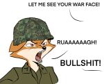 angry angry_face anthro armor army army_helmet army_uniform black_nose camo camo_clothing camo_print canid canine clothing ears_down f4ephantomii female fox full_metal_jacket fur headgear helmet looking_sideways mammal military_uniform movie_reference multicolored_body offscreen_character open_mouth orange_body orange_fur pattern_clothing pivoted_ears profanity solo solo_focus tongue two_tone_body uniform united_states_of_america war_face white_body white_fur yelling