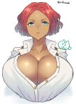  1girl blue_eyes breasts bursting_breasts chikoinochi dark-skinned_female dark_skin expressionless giovanna_(guilty_gear) guilty_gear guilty_gear_strive highres huge_breasts looking_at_viewer no_bra parted_bangs partially_unbuttoned red_hair shirt short_hair solo tented_shirt twitter_username unbuttoned unbuttoned_shirt upper_body white_shirt 